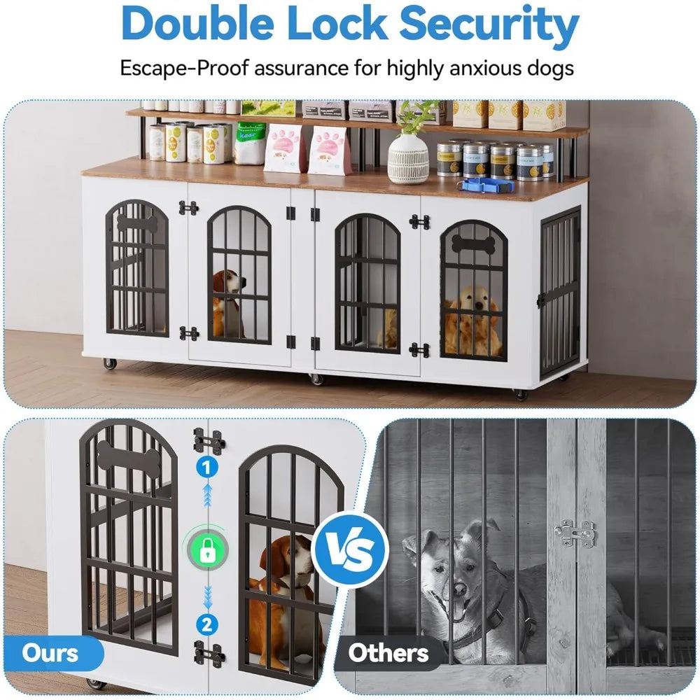 Modern Double Dog Crate Furniture for 2 Medium Dogs, Wooden Dog Kennel Indoor with Divider, Wheels, Storage, Heavy Duty Decorati