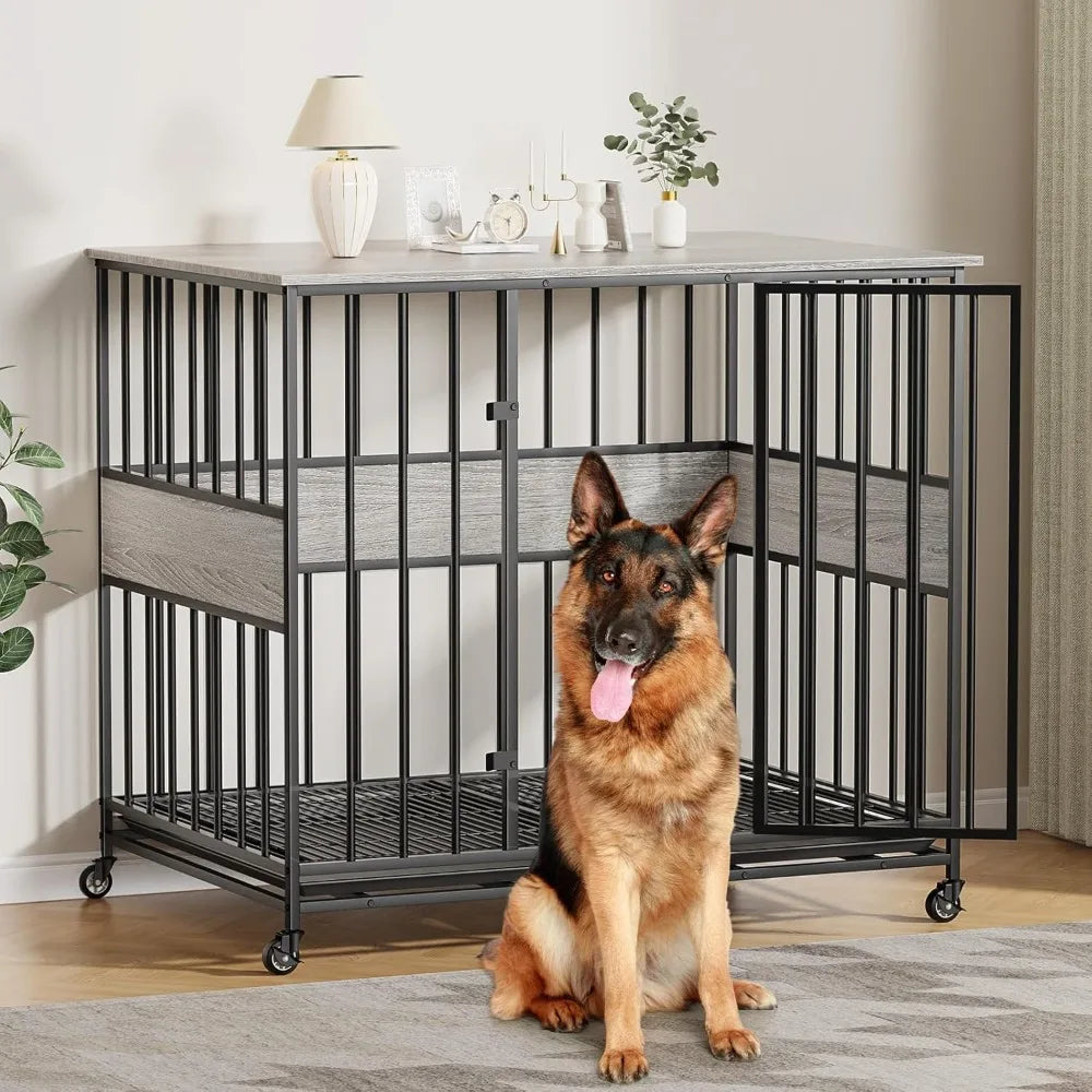 Farmhouse Style Wooden Dog Crate With Wheels End Table