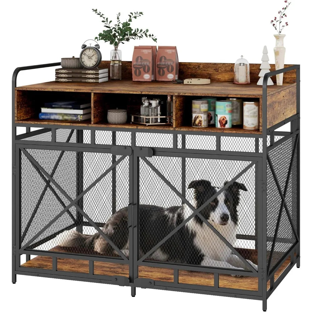 Dog Crate Furniture, 48 Inch Large Dog Kennel End Table with 3 Drawers, Heavy Duty Dog Crate for Large Dogs, Wooden Decorative X