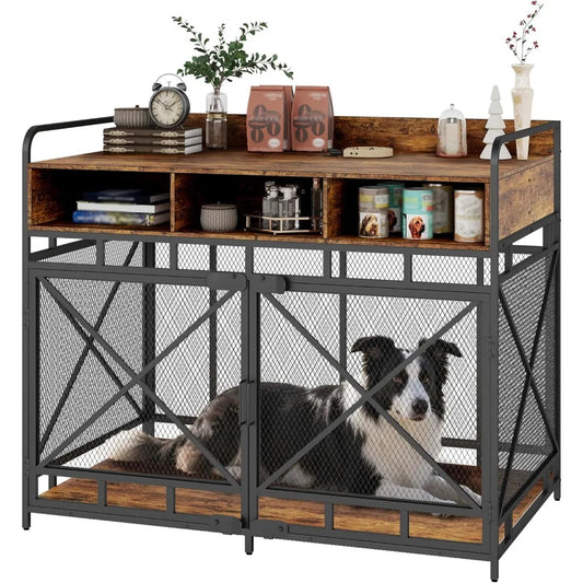 Dog Crate Furniture, 48 Inch Large Dog Kennel End Table with 3 Drawers, Heavy Duty Dog Crate for Large Dogs, Wooden Decorative X