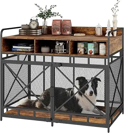 Dog Crate Furniture, 48 Inch Large Dog Kennel End Table with 3 Drawers, Heavy Duty Dog Crate for Large Dogs, Wooden Decorative X