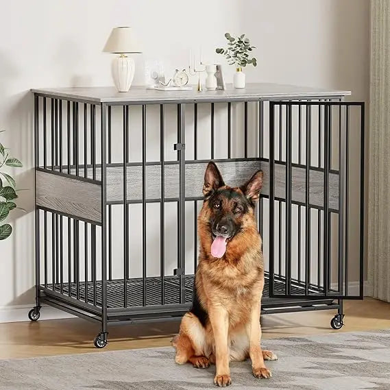 Farmhouse Style Wooden Dog Crate With Wheels End Table