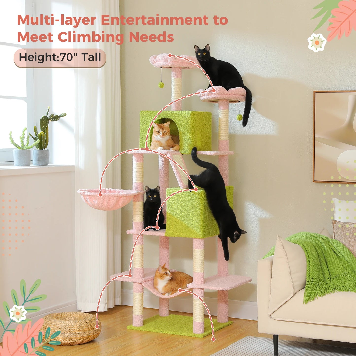 Tall Cat Tree with Scratching Posts Cozy Hammock Top Perch Multi-Level Large Cat Tower Spacious Cat Condo for Indoor Cat Toys