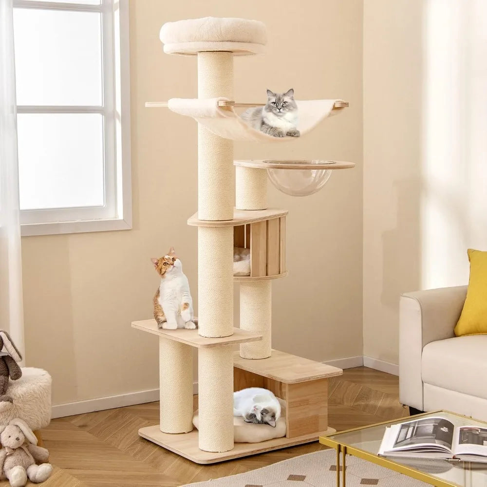 Very PETSITE 69 Inch Tall Wood Cat Tree, Multi-Level Modern Cat Tower With 5.7 Inch Scratching Posts, Double Cat Condos, Space C
