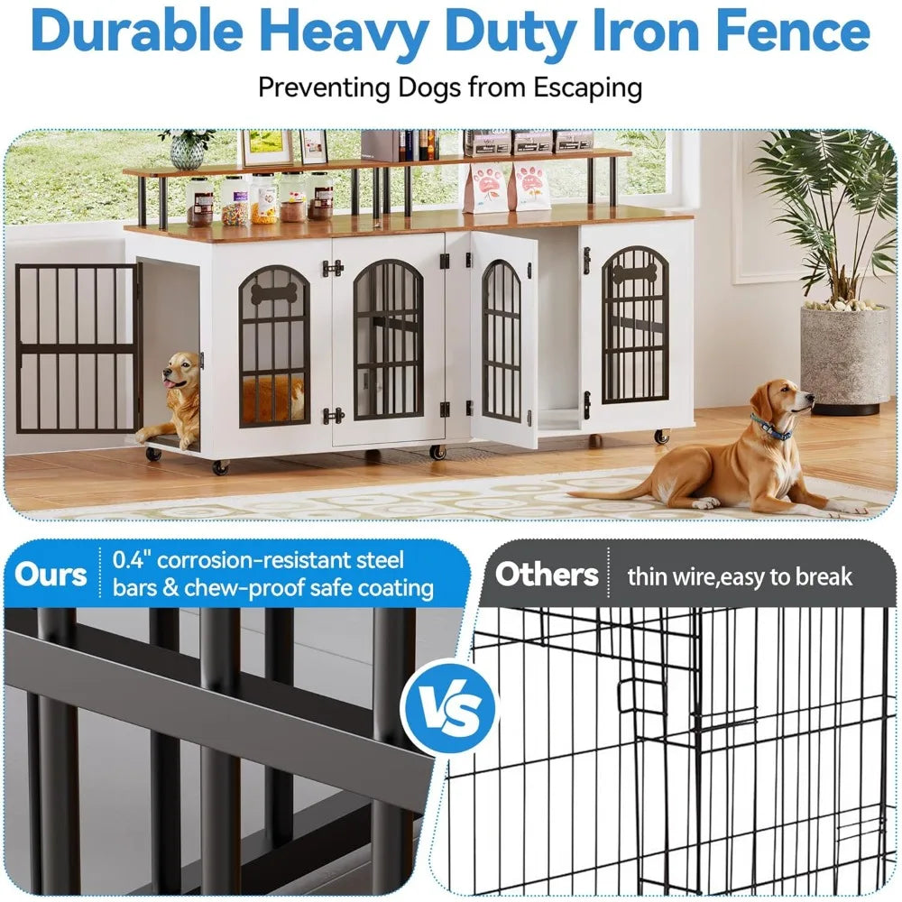 Modern Double Dog Crate Furniture for 2 Medium Dogs, Wooden Dog Kennel Indoor with Divider, Wheels, Storage, Heavy Duty Decorati