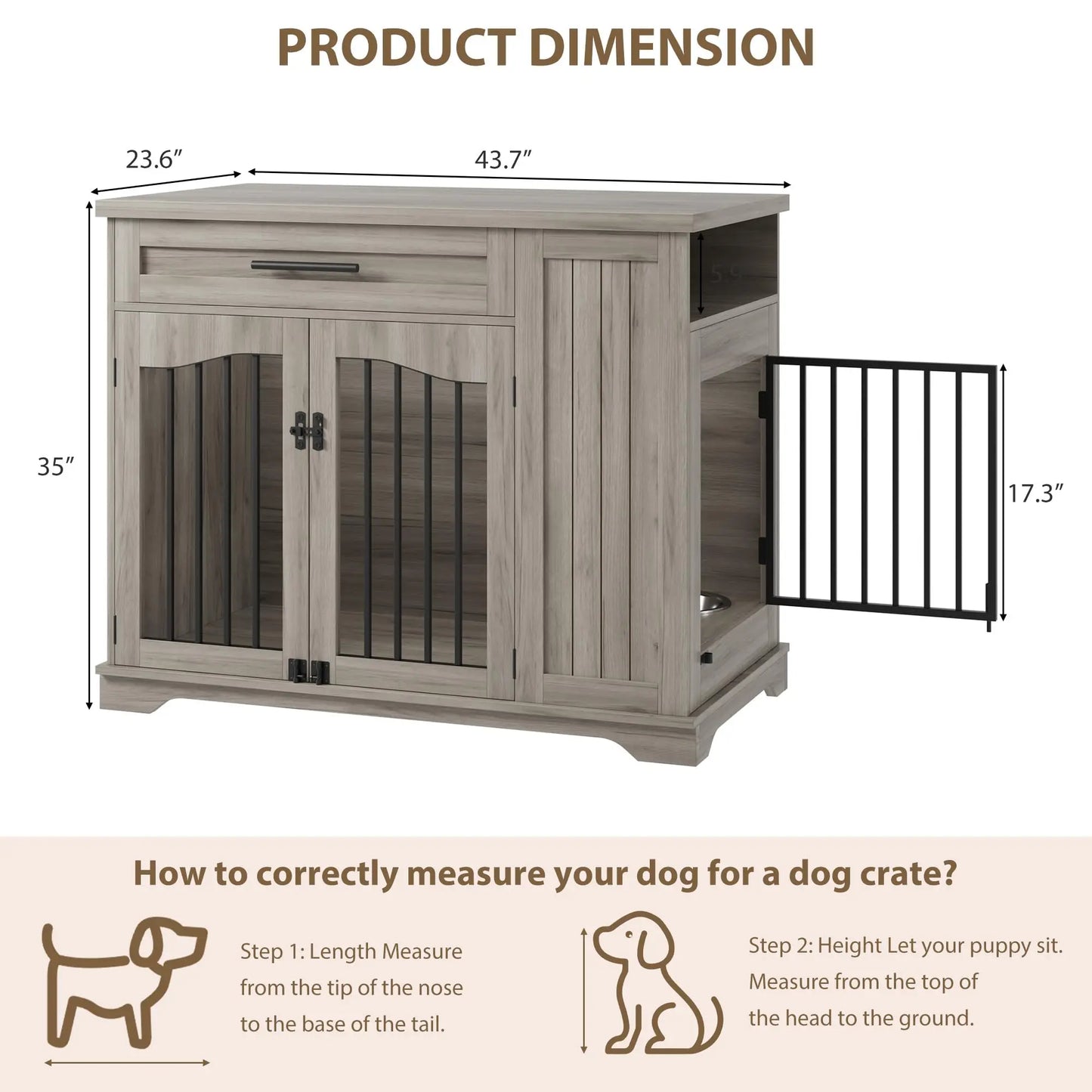 44 Inch Furniture Style Dog Crate Heavy Duty Wooden Dog Kennel With Drawer Side Storage & Built-in Feeding Station For Pets