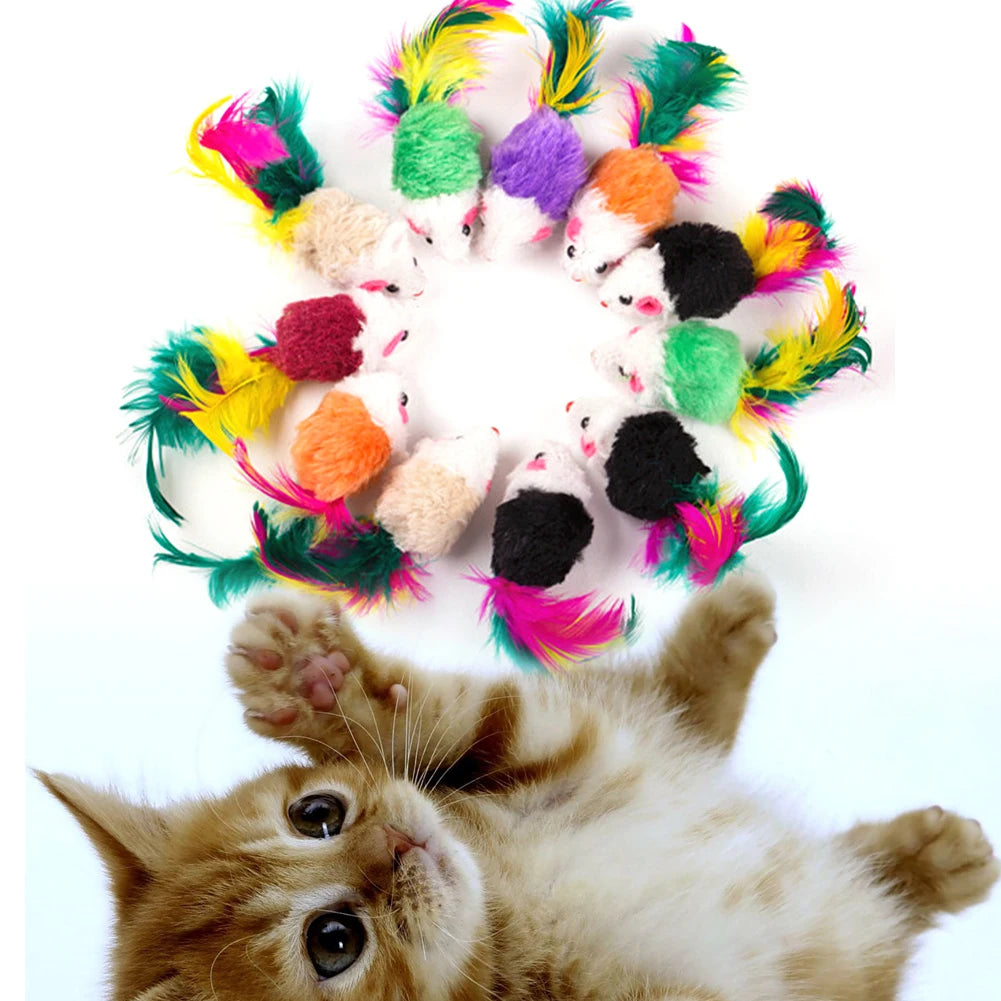 10 Pcs Plush Cat Mouse Toys Colorful Feather Mice Rattle Set Kitten Toys Pet Toys for Indoor Cats Kitten Puppy Pet Supplies