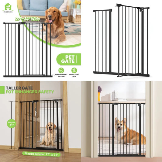 Pet Dog Gate 41 Inch Tall Metal Safety Stairway Barrier for Pets and Babies Adjustable Width 27 to 34 Inches Free Standing Pet