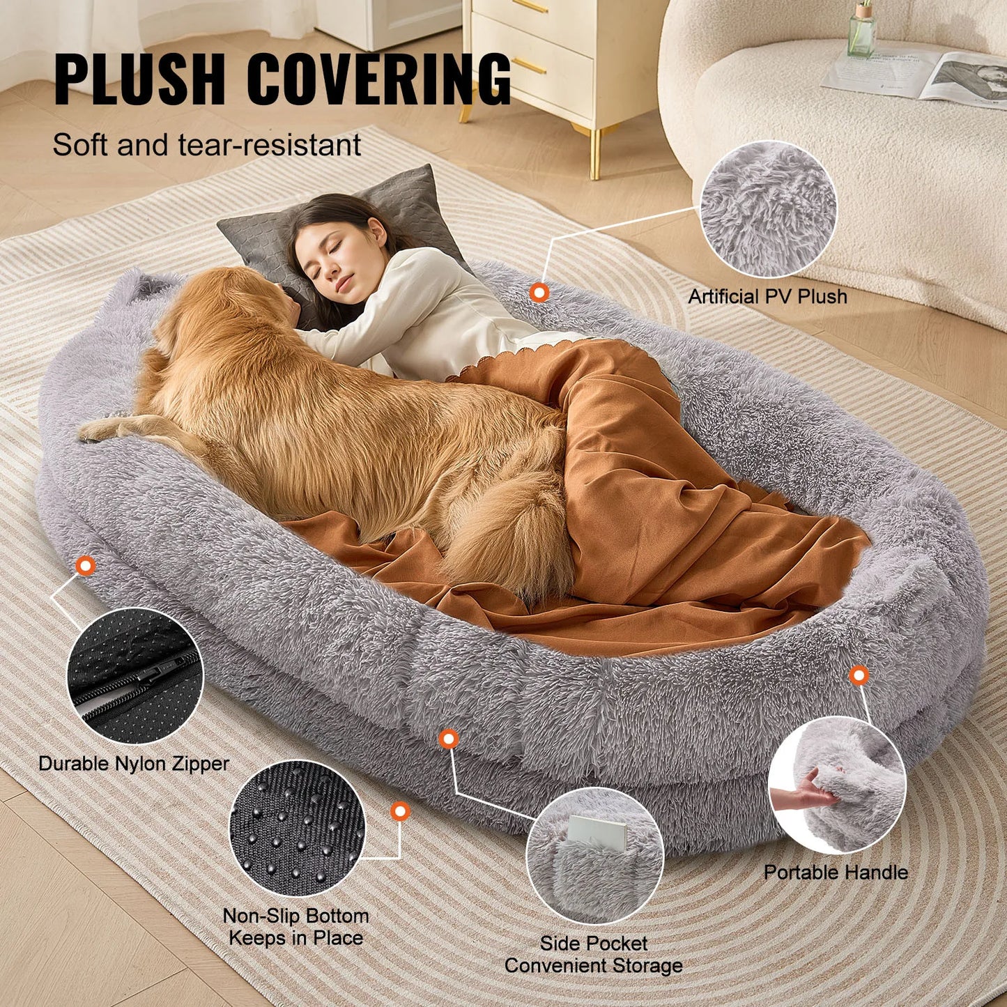 Human Dog Bed 72x48x10in Large Human Size Dog Bean Bed Washable PV Velvet