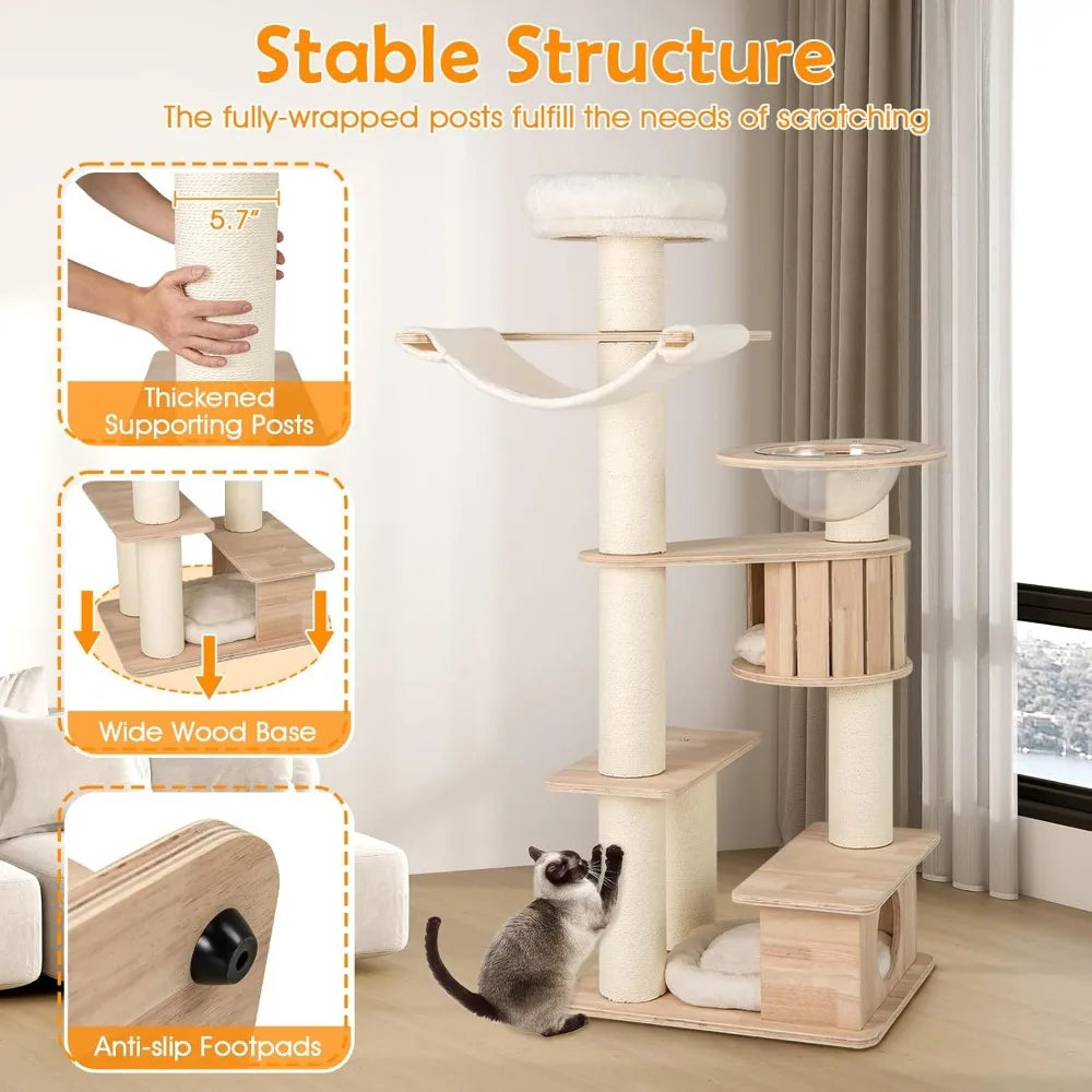 Very PETSITE 69 Inch Tall Wood Cat Tree, Multi-Level Modern Cat Tower With 5.7 Inch Scratching Posts, Double Cat Condos, Space C