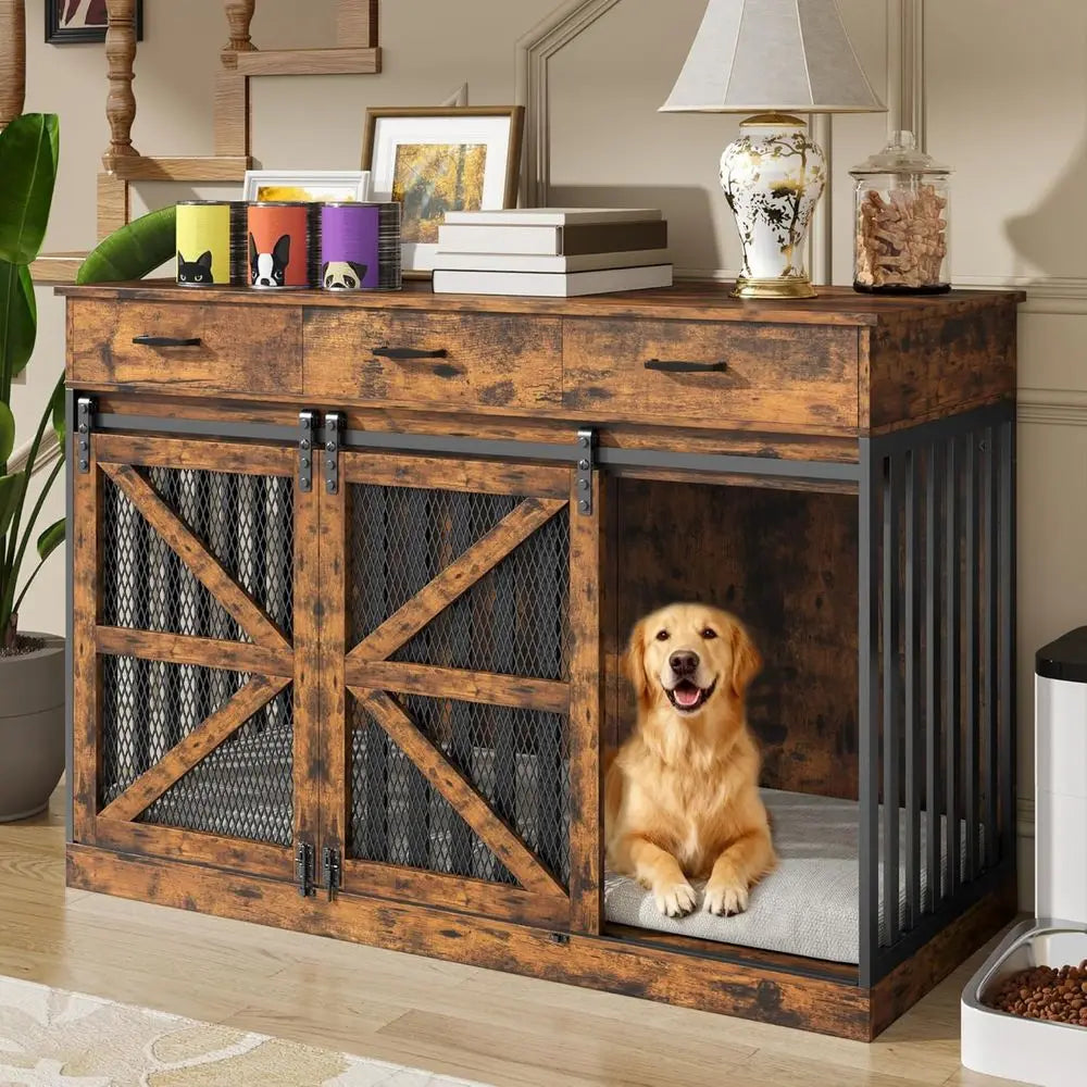 2-In-1 Convertible Dog Crate End Table With 3 Storage Drawers