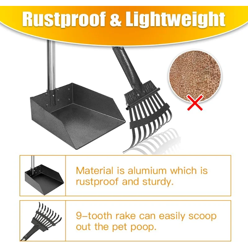 Dog Litter Pooper Scooper Long Handle Stainless Steel Tray Rake