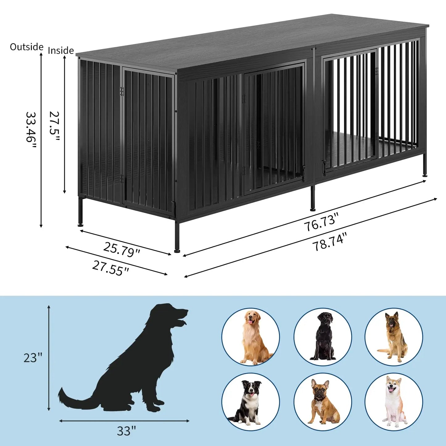 78.74" XL Double Dog Crate Furniture Heavy Duty Kennel With Removable Divider For 2 Dogs Indoor Dog Crate As TV Stand