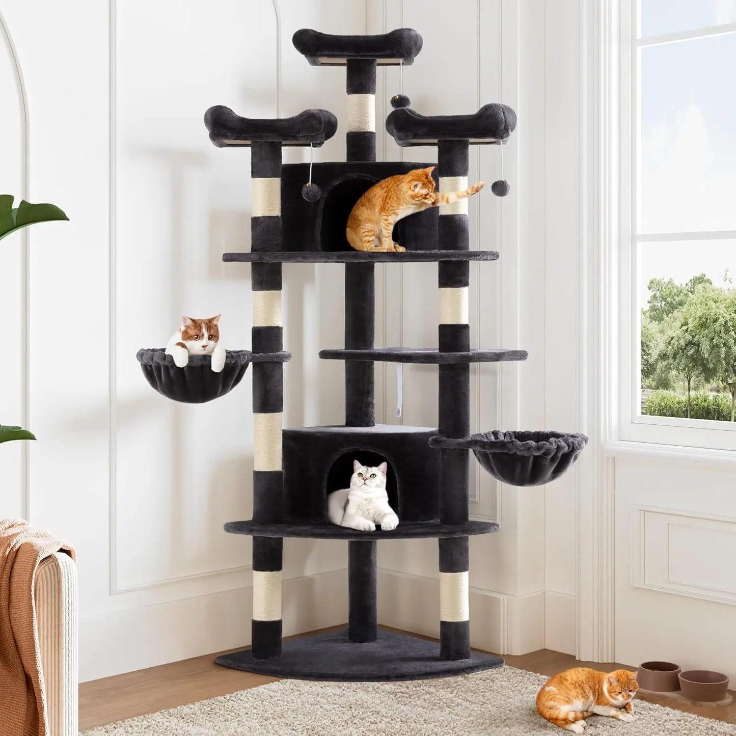 73in Fan-Shaped Space-Saving Corner Cat Tower/Multi-Level Tall Cat Tree for Indoor Kitties/Cozy Baskets/Condos/House/Perches