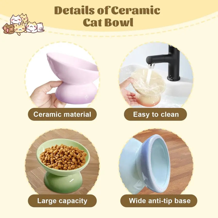 Ceramic Raised Cat Bowl Elevated Cat Bowls Tilted Cats Food Dishes Pet Bowl Stand Feeder Cute Cats Bowl for Kittens Puppies Smal