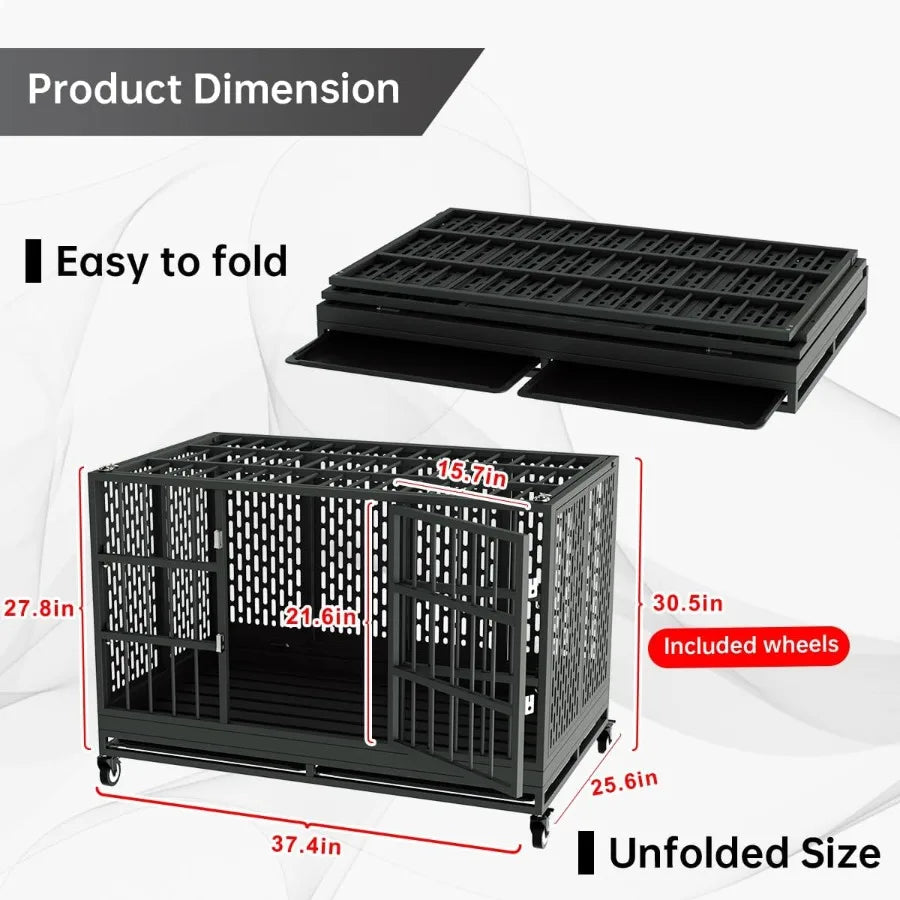Heavy Duty Dog Crate with Wheels for Large and Medium Dogs 54/48/42/38 Inch Folding Metal Cage with Removable Tray Extra Large