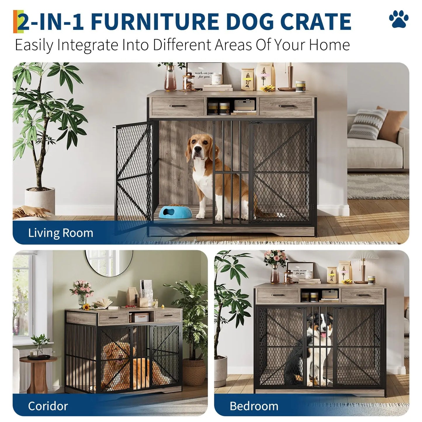 44" Large Dog Crate Furniture Heavy Duty Multi-Functional Pet Kennel Table With 2 Drawers Open Compartment Decorative Dog House