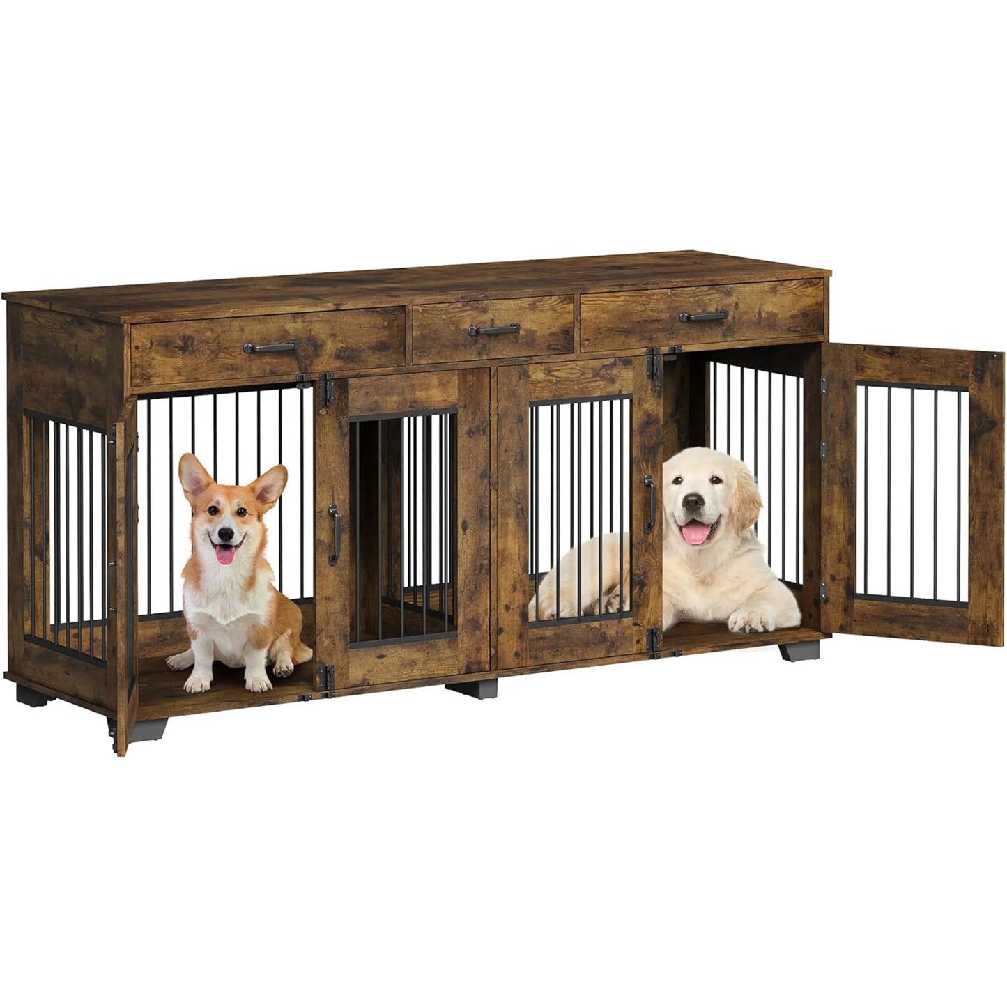 71'' Heavy Duty Double Dog Crate Furniture 2-in-1 Kennel With Divider 3 Storage Drawers & TV Stand For Medium Large Dogs