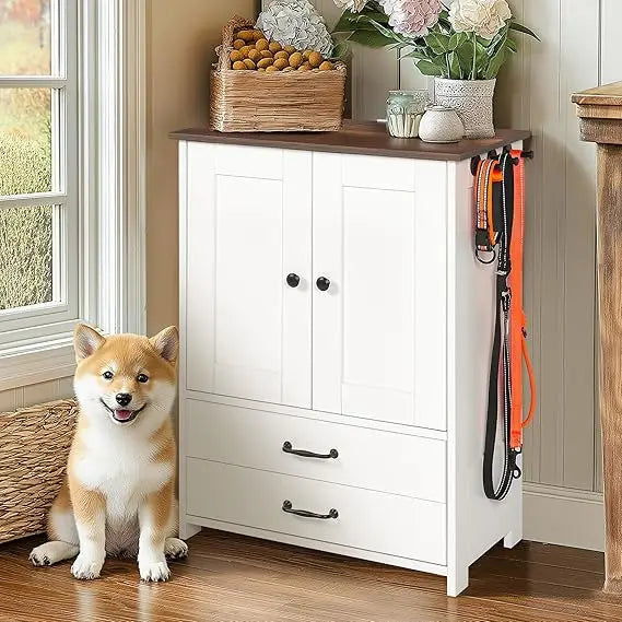 Feeder Station Dog Feeding Station Food Toy Storage Cabinet Container with Adjustable Pull Out Dog Bowls, Adjustable Panel