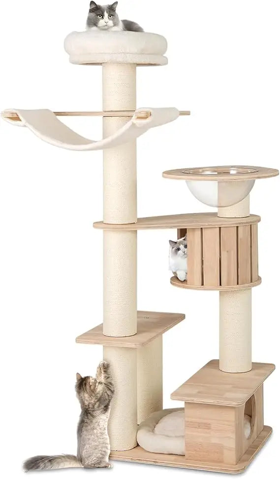Very PETSITE 69 Inch Tall Wood Cat Tree, Multi-Level Modern Cat Tower With 5.7 Inch Scratching Posts, Double Cat Condos, Space C