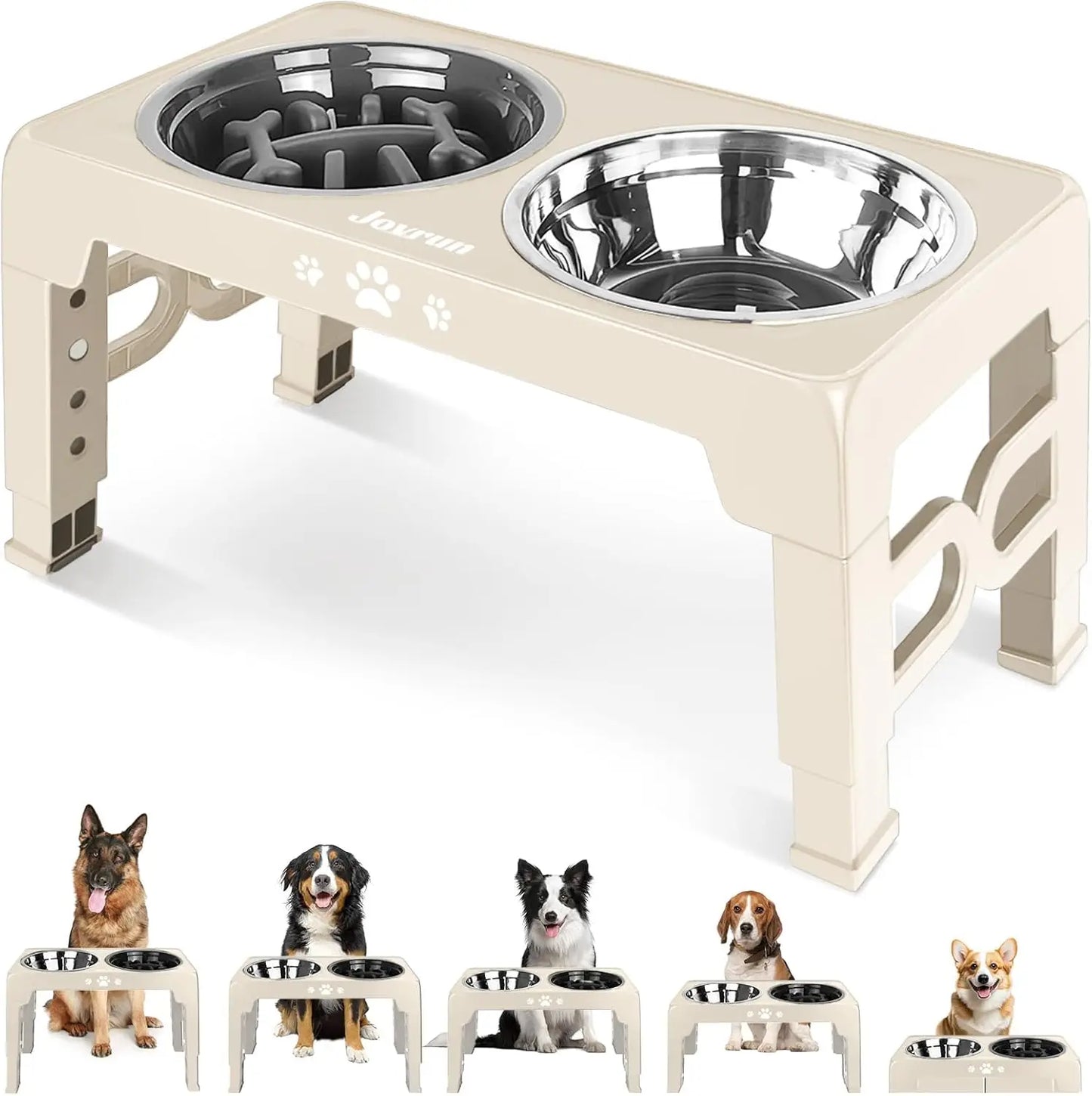 5 Heights Adjustable Elevated Dog Bowls Stainless Steel Slow Feeder Bowl Anti-Slip Raised Stand for Medium Large Dogs