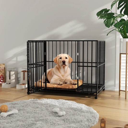 36/42/48 Inch Heavy Duty Stainless Steel Dog Crate Escape Proof Indestructible Dog Kennel  With Wheels & Removable Tray