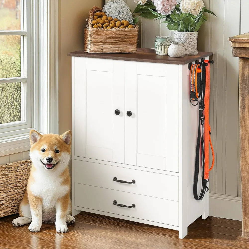 Feeder Station Dog Feeding Station Food Toy Storage Cabinet Container with Adjustable Pull Out Dog Bowls, Adjustable Panel