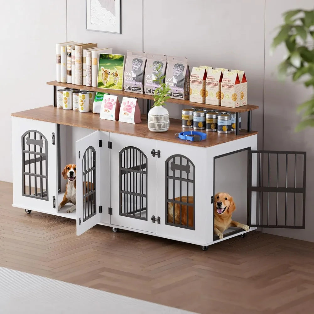 Modern Double Dog Crate Furniture for 2 Medium Dogs, Wooden Dog Kennel Indoor with Divider, Wheels, Storage, Heavy Duty Decorati