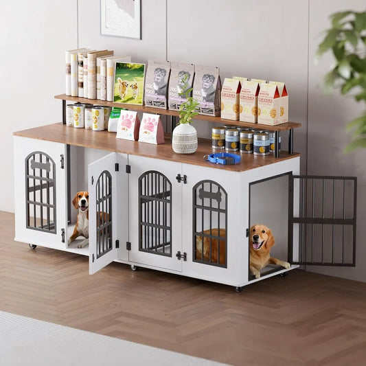 Modern Double Dog Crate Furniture for 2 Medium Dogs, Wooden Dog Kennel Indoor with Divider, Wheels, Storage, Heavy Duty Decorati