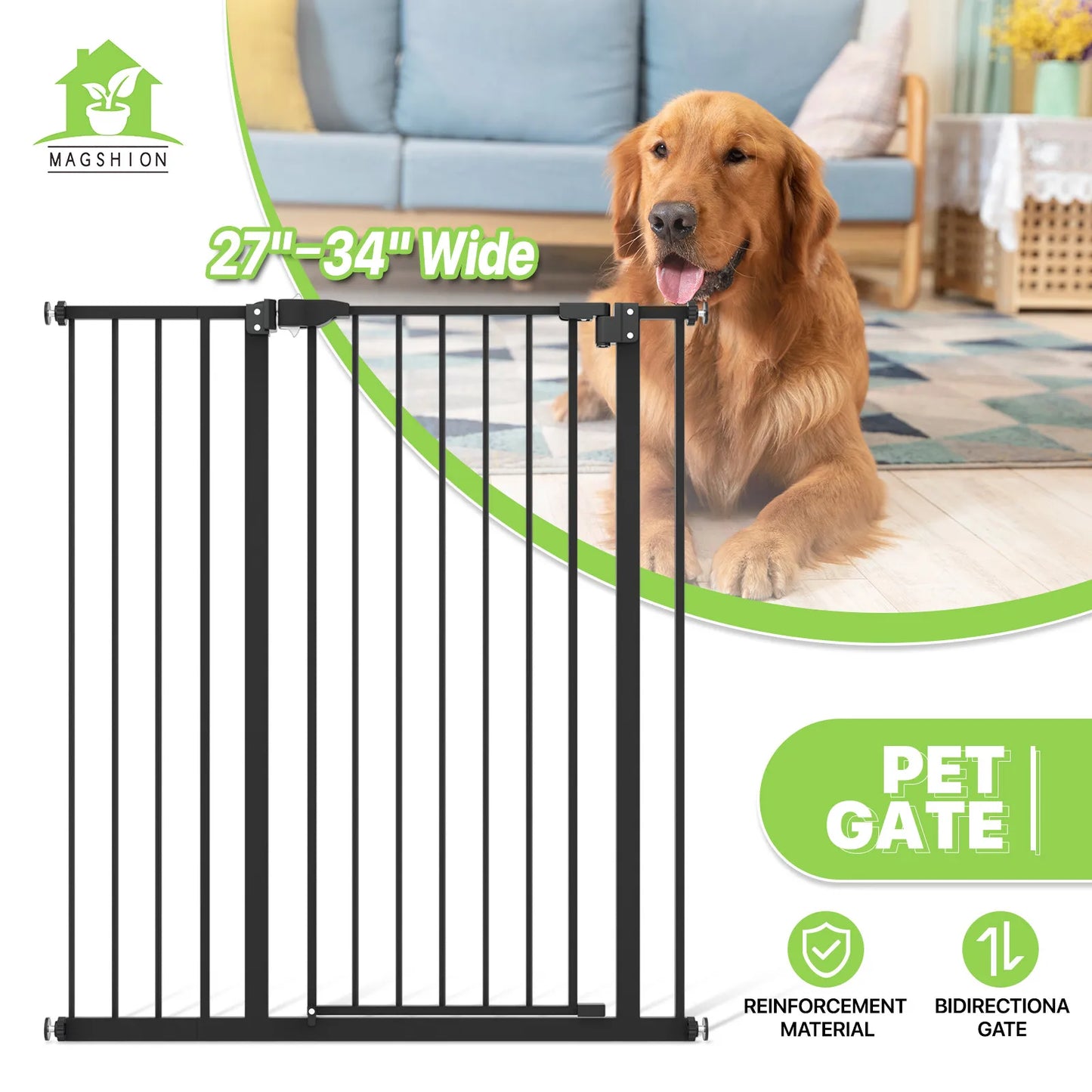 Pet Dog Gate 41 Inch Tall Metal Safety Stairway Barrier for Pets and Babies Adjustable Width 27 to 34 Inches Free Standing Pet
