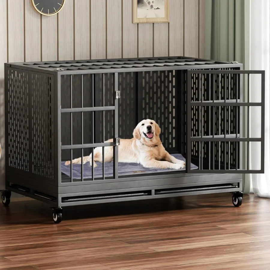 Heavy Duty Dog Crate with Wheels for Large and Medium Dogs 54/48/42/38 Inch Folding Metal Cage with Removable Tray Extra Large