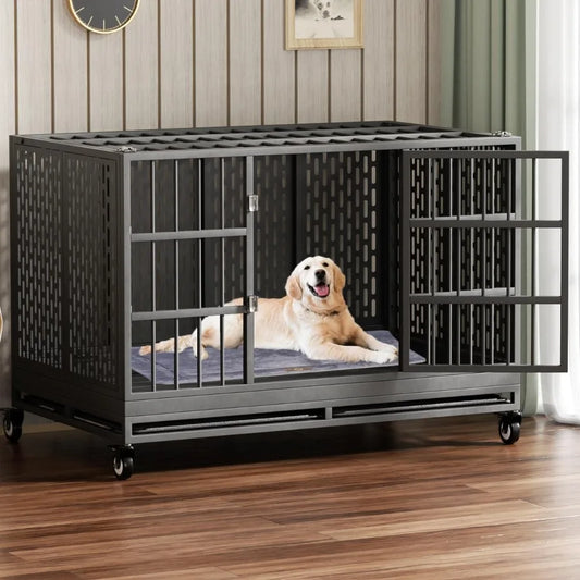 Heavy Duty Dog Crate with Wheels for Large and Medium Dogs 54/48/42/38 Inch Folding Metal Cage with Removable Tray Extra Large