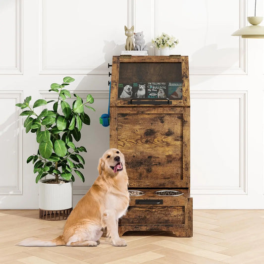 Dog Feeding Station With 2 Elevated Bowls Flip Top Food Storage Cabinet & Pet Toy Organizer 48-Quart Capacity Pull-Out Feeder