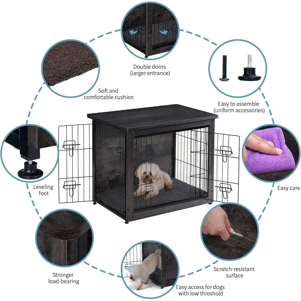 Wooden Indoor Dog Crate Table With Cushion And Double Doors