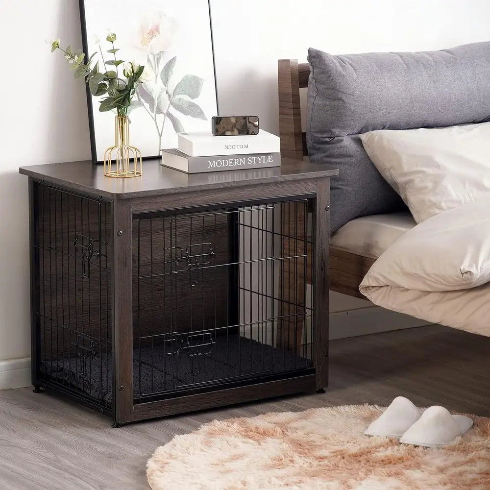 Wooden Indoor Dog Crate Table With Cushion And Double Doors
