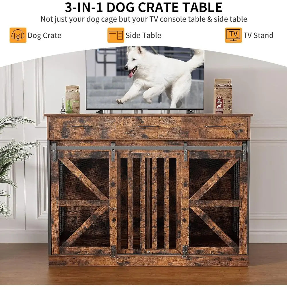 2-In-1 Convertible Dog Crate End Table With 3 Storage Drawers