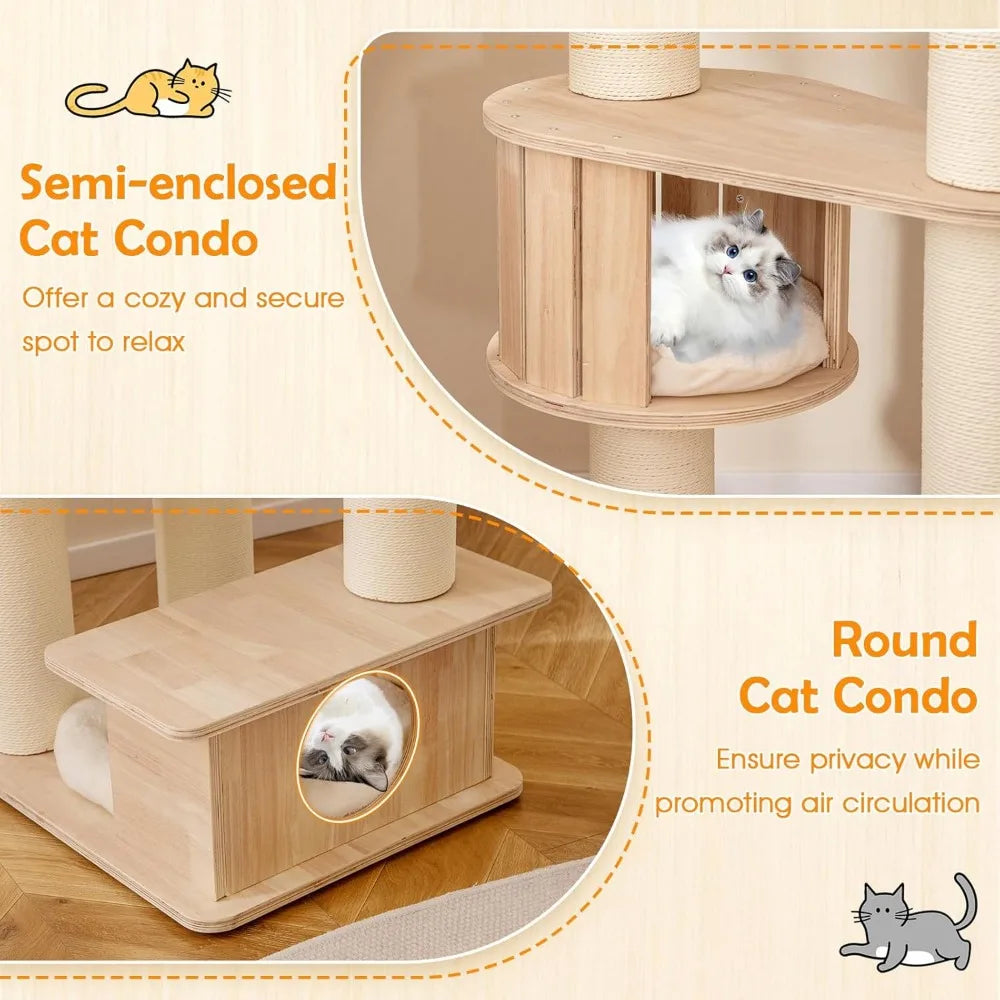 Very PETSITE 69 Inch Tall Wood Cat Tree, Multi-Level Modern Cat Tower With 5.7 Inch Scratching Posts, Double Cat Condos, Space C
