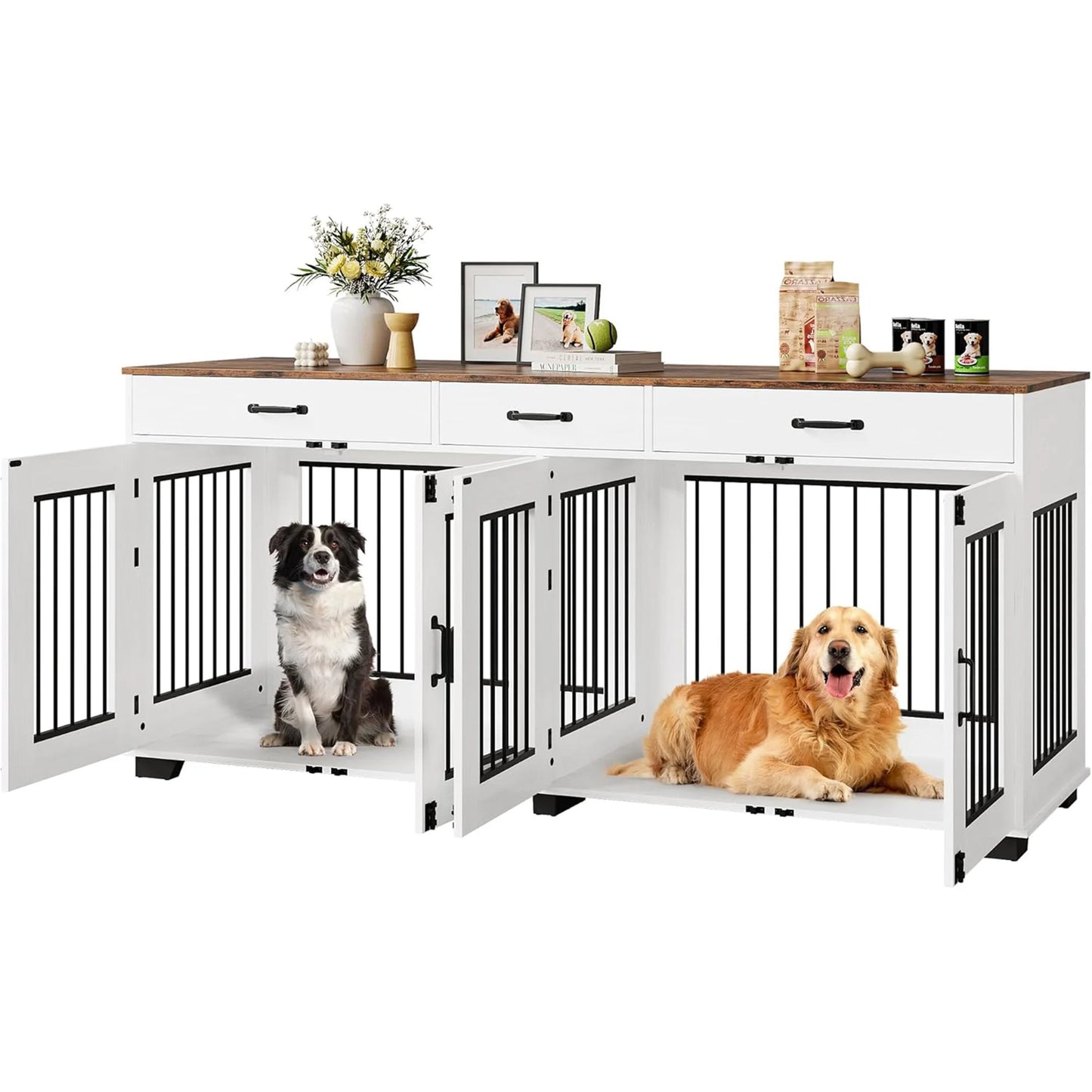 71'' Heavy Duty Double Dog Crate Furniture 2-in-1 Kennel With Divider 3 Storage Drawers & TV Stand For Medium Large Dogs