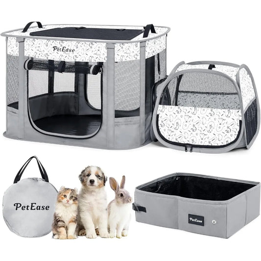 Portable 2-in-1 Dog Crate playpen, Outdoor Cat Playpen with Litter Box Area for Indoor Cats Enclosed Rabbit Puppy Hamster, Indoo