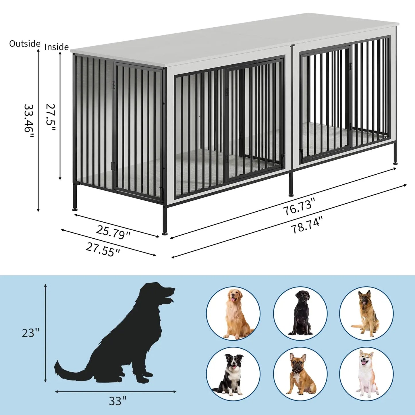 78.74" XL Double Dog Crate Furniture Heavy Duty Kennel With Removable Divider For 2 Dogs Indoor Dog Crate As TV Stand