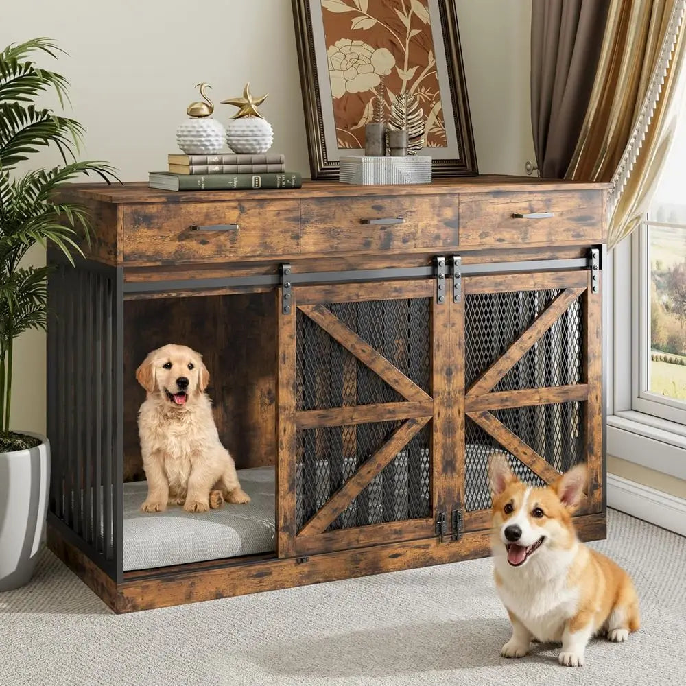 2-In-1 Convertible Dog Crate End Table With 3 Storage Drawers