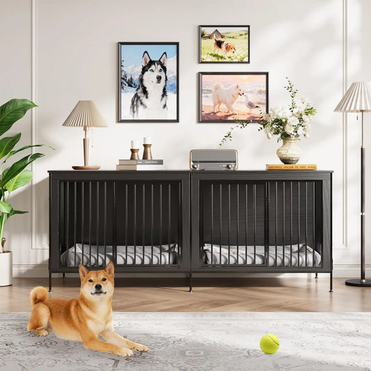 78.74" XL Double Dog Crate Furniture Heavy Duty Kennel With Removable Divider For 2 Dogs Indoor Dog Crate As TV Stand