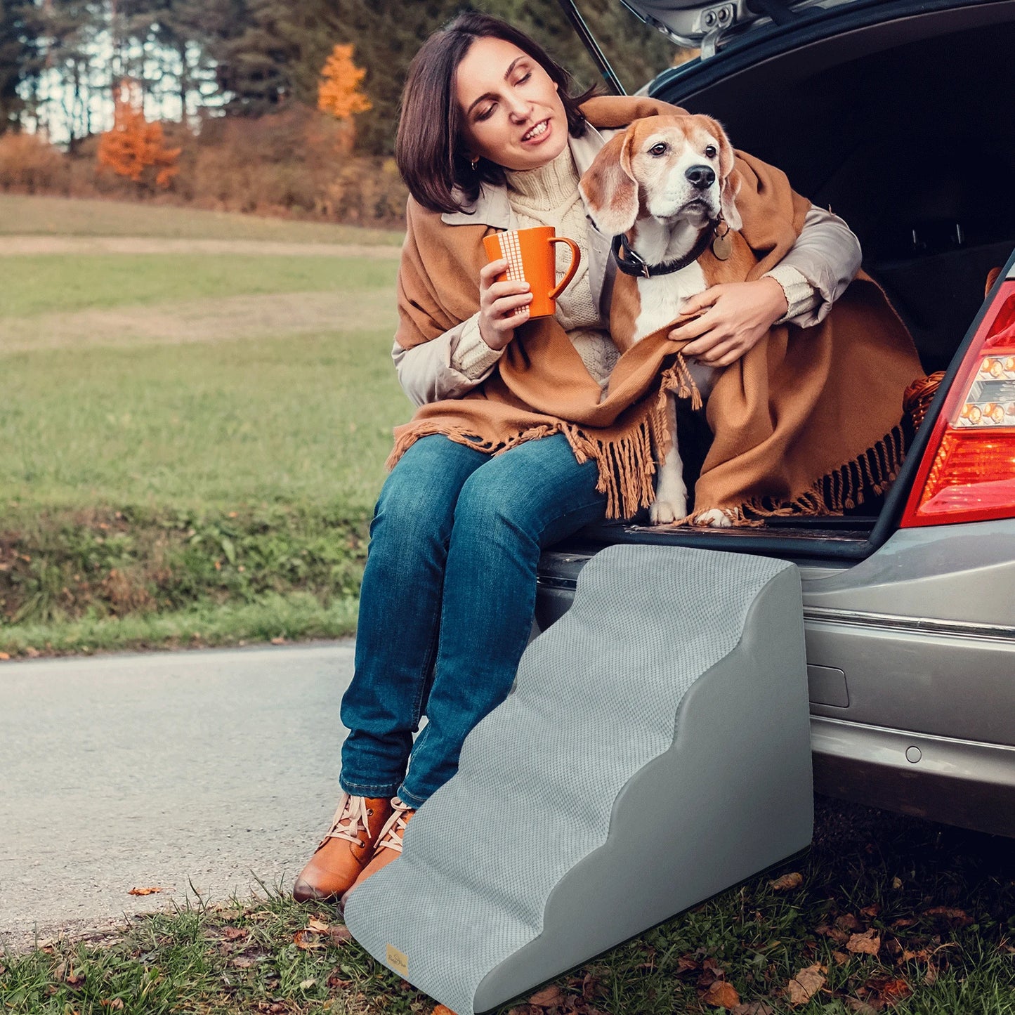High Density Foam Curved Dog Stairs for High Beds 3/4/5 Tiers Dog Ramp Steps for Small Dog
