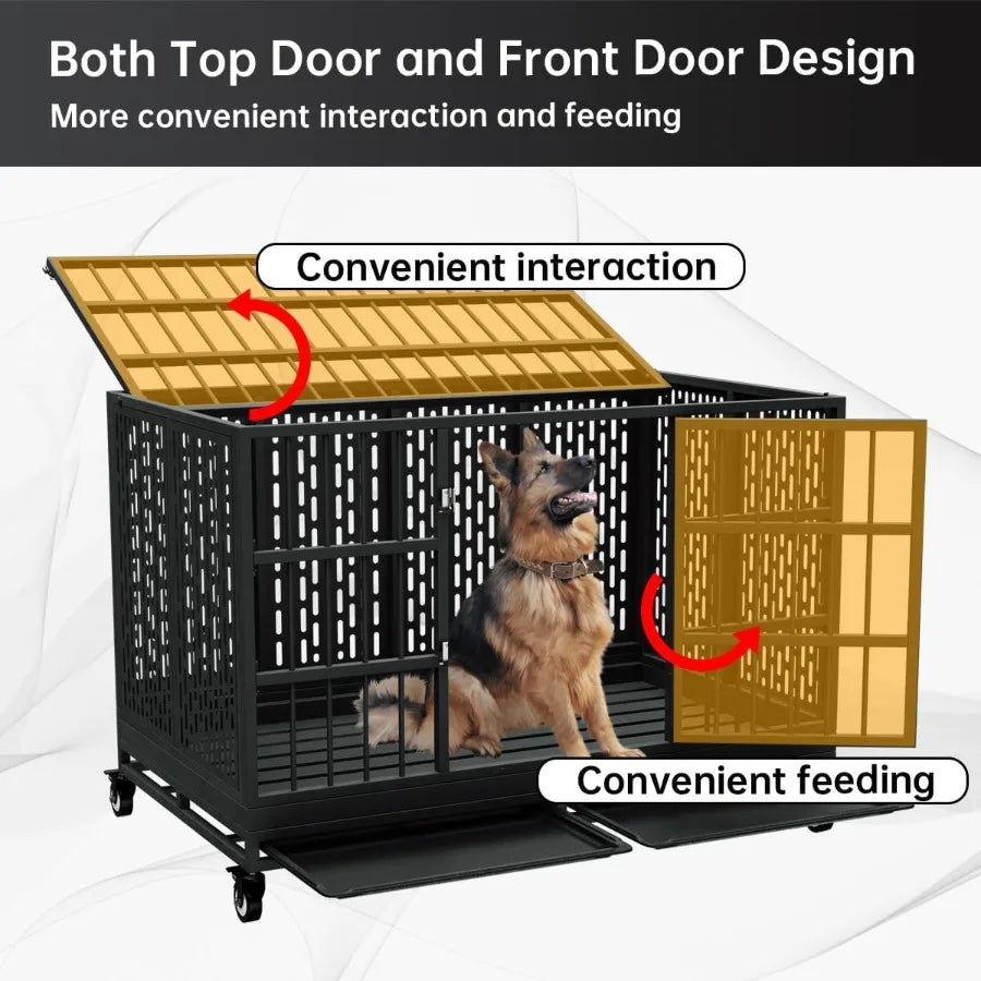 Heavy Duty Dog Crate with Wheels for Large and Medium Dogs 54/48/42/38 Inch Folding Metal Cage with Removable Tray Extra Large